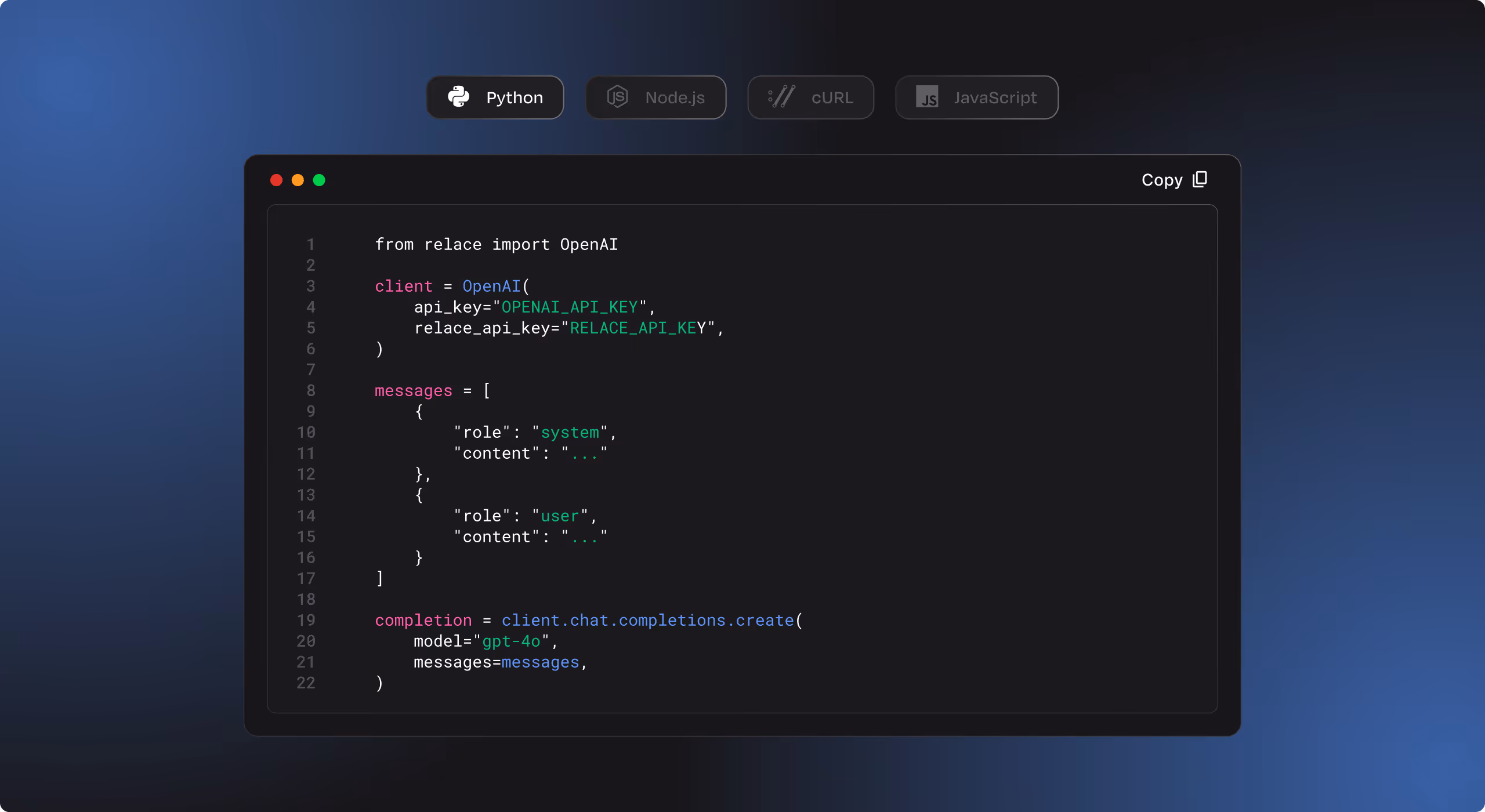 Code snippet in Python showing OpenAI client initialization and chat completion request with GPT-4o model.
