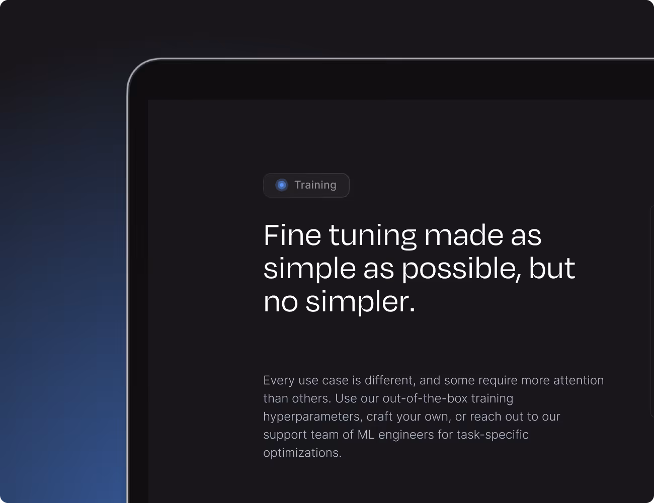 Screen displaying the text: 'Fine tuning made as simple as possible, but no simpler.' followed by information about customizable training hyperparameters and support from ML engineers.