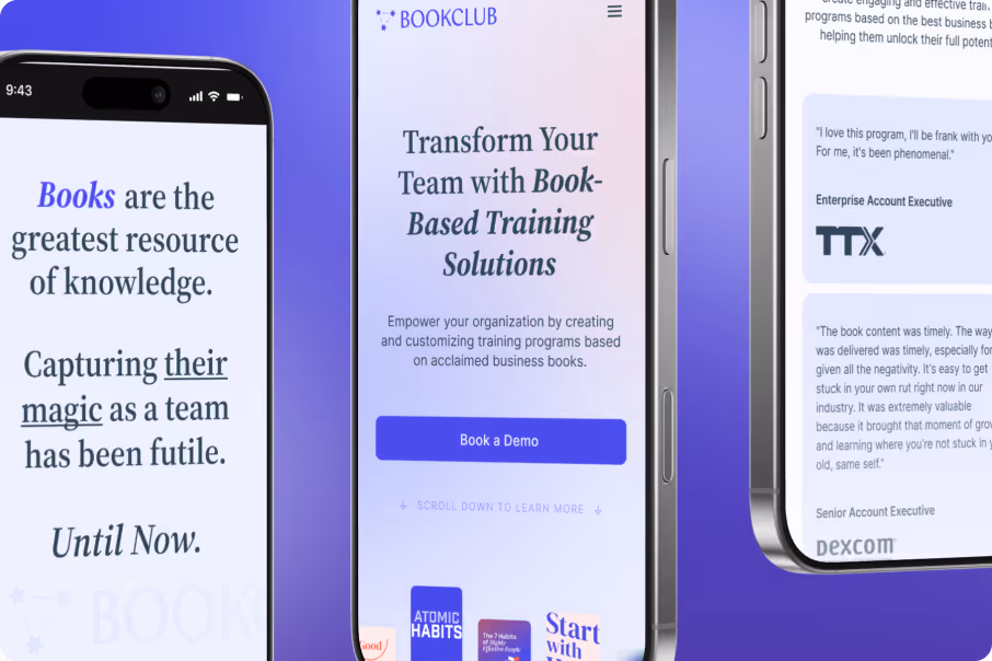 Three smartphones displaying BookClub app with knowledge quotes, team training, and testimonials.