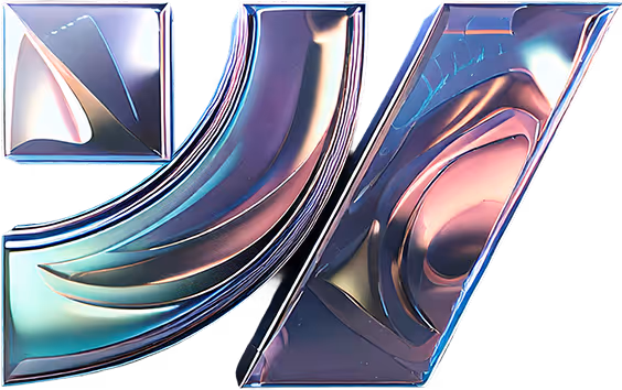 Abstract metallic shapes with reflective surfaces and gradient hues of blue, purple, and gold.