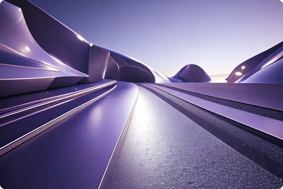 Smooth, reflective purple curved surfaces forming a futuristic abstract landscape under soft light.