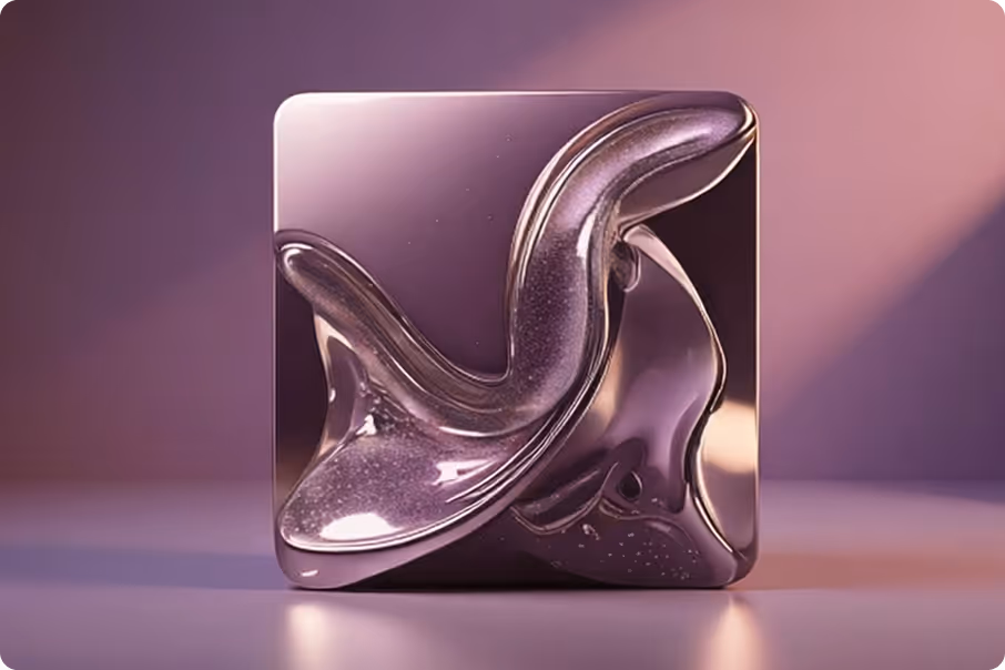 Glossy abstract purple square sculpture with fluid, wavy, metallic-like textures on a soft purple background.