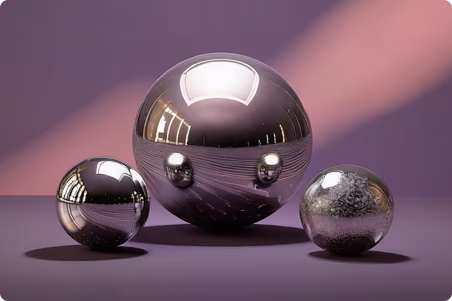 Three reflective metallic spheres of varying sizes on a purple surface with a pink-purple gradient background.