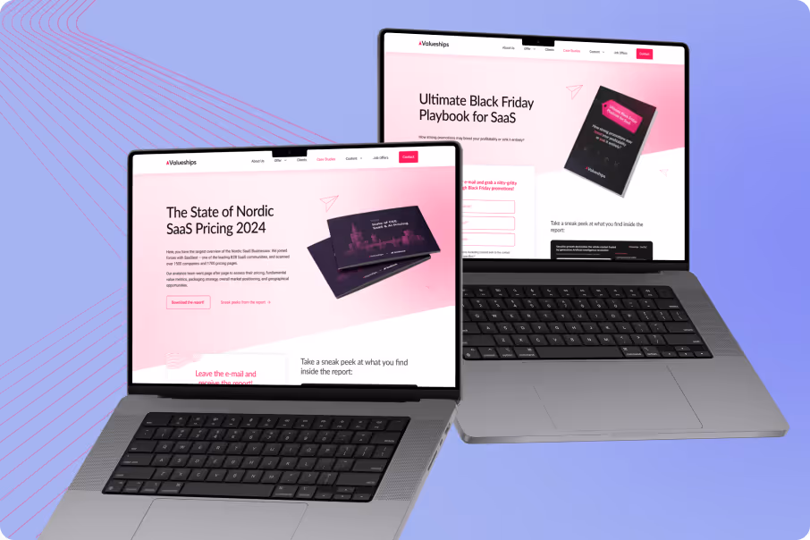 Two laptops showing SaaS pricing report and Black Friday playbook web pages with pink and purple design.