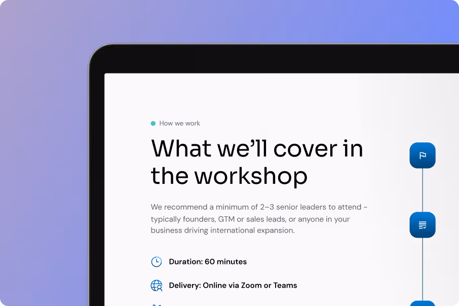 Workshop details stating topics, 60-minute duration, and online delivery via Zoom or Teams.