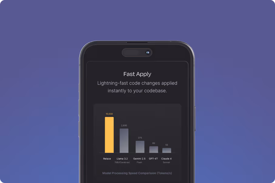 Smartphone showing a bar chart comparing model processing speeds with Fast Apply code changes text.