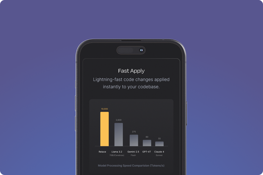 Smartphone showing a bar chart comparing model processing speeds with Fast Apply code changes text.