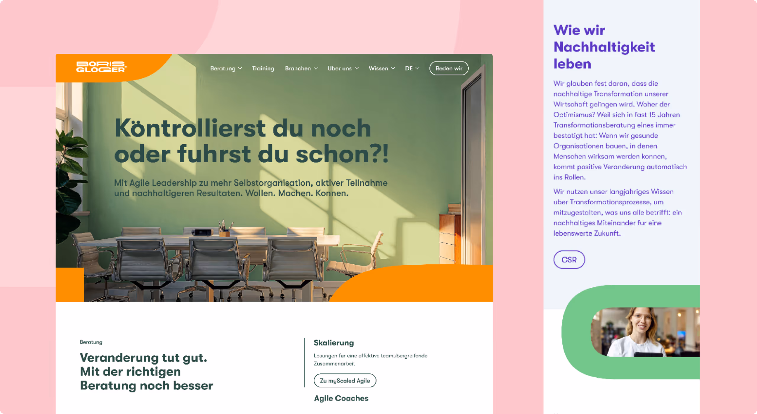 Website homepage of Boris Gloger showing an office with chairs and a table, promoting Agile Leadership and sustainability.