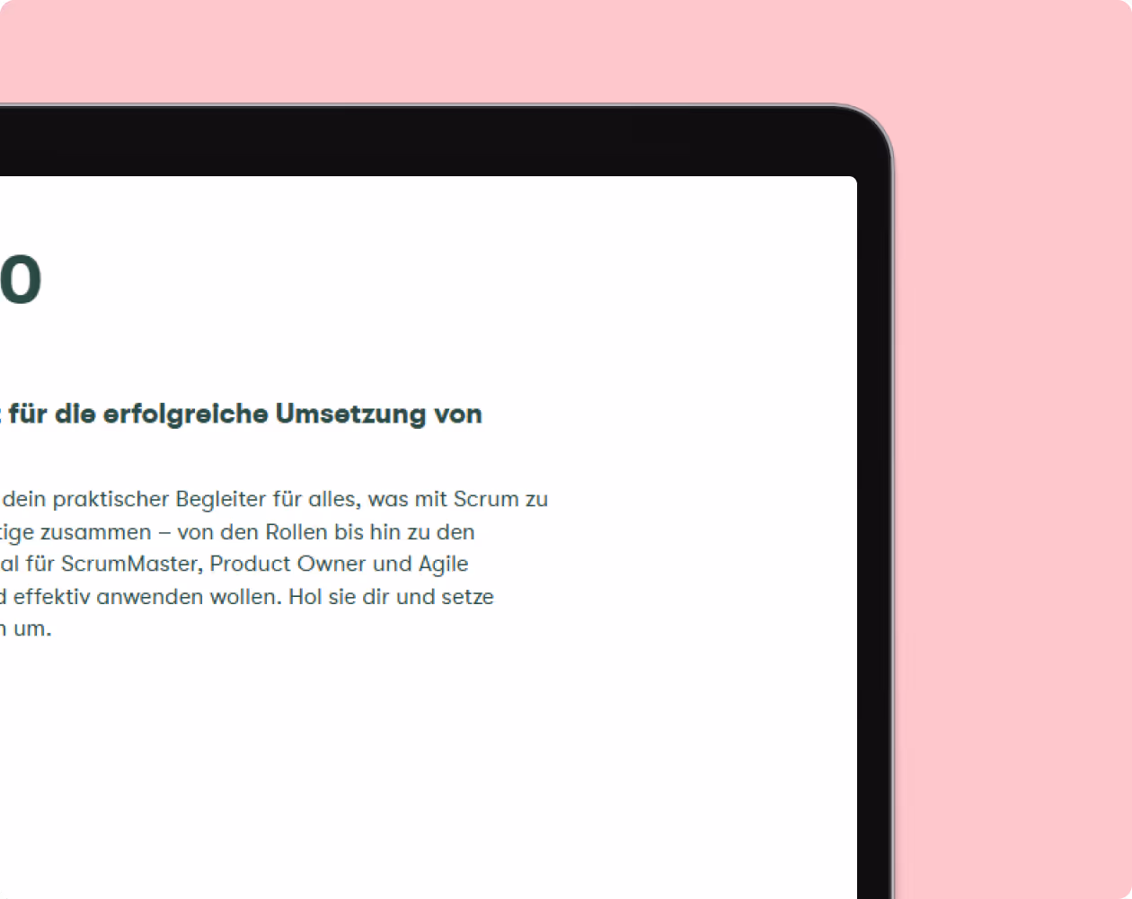 Partial view of a device screen with German text about Scrum roles and agile practices on a pink background.