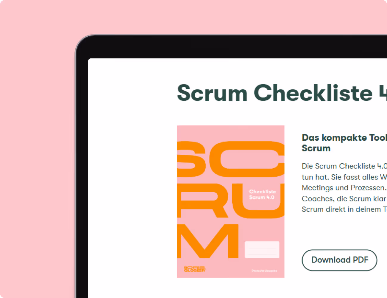 Screen showing Scrum Checklist 4.0 cover in pink and orange with a download PDF button nearby.