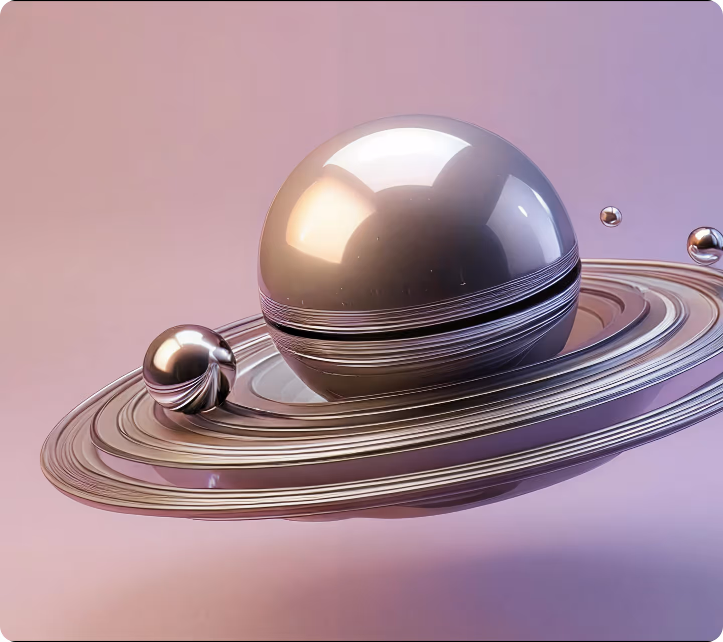 Shiny metallic spheres with reflective rings resembling a stylized planet and its rings on a gradient background.