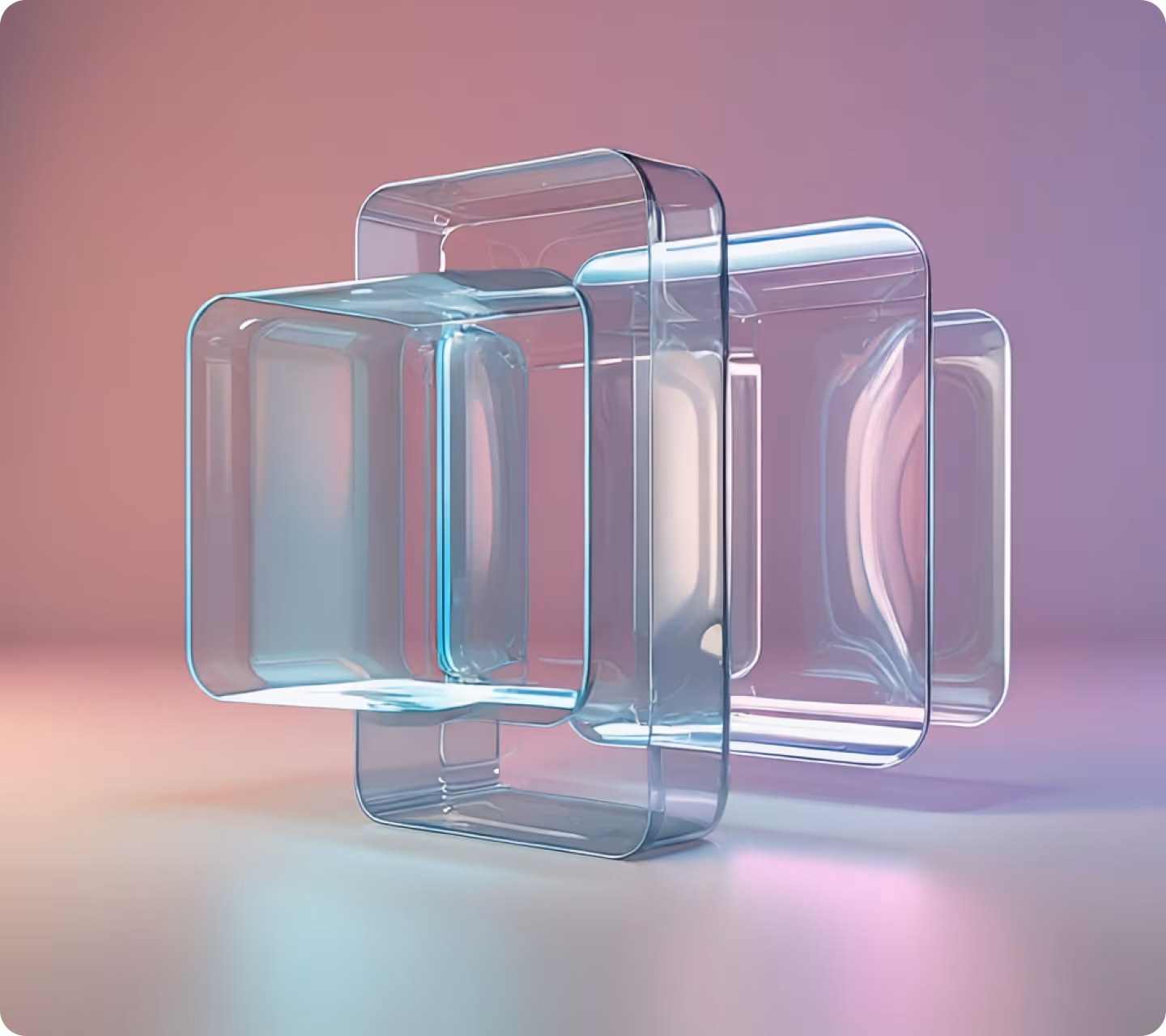 Four interconnected transparent rectangular prisms glowing softly against a gradient pink-purple background.
