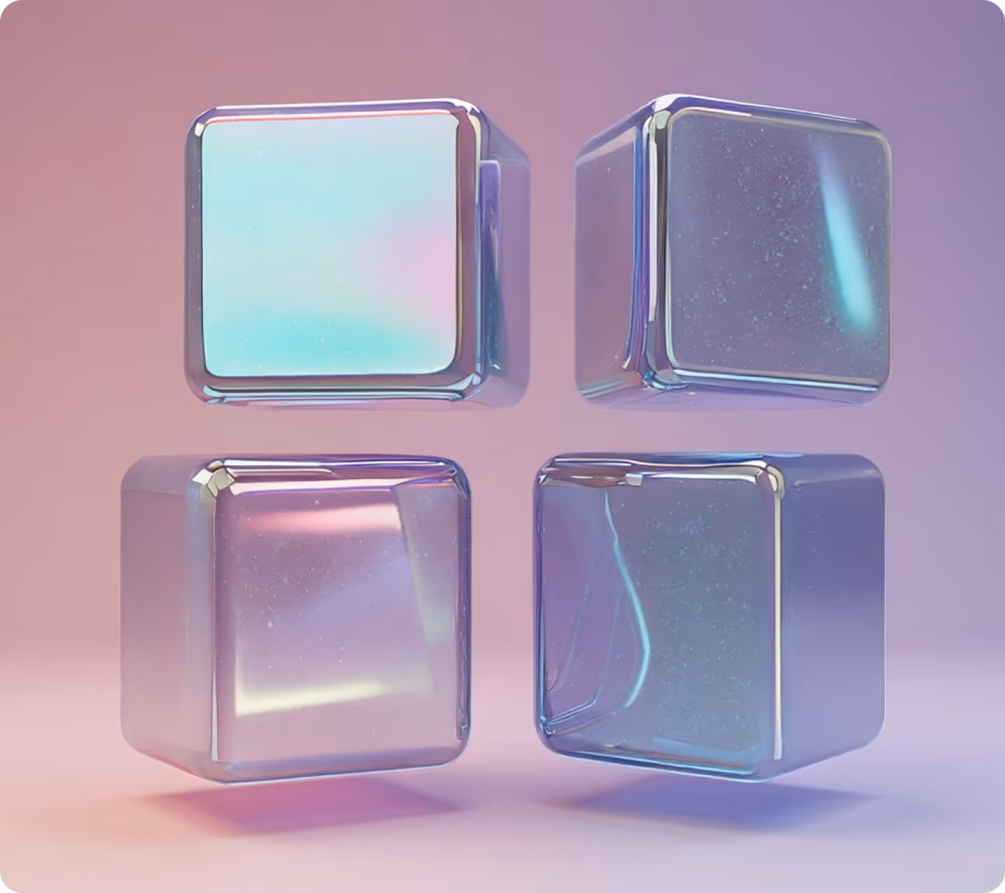 Four translucent glass cubes with blue and purple hues floating against a soft pink background.