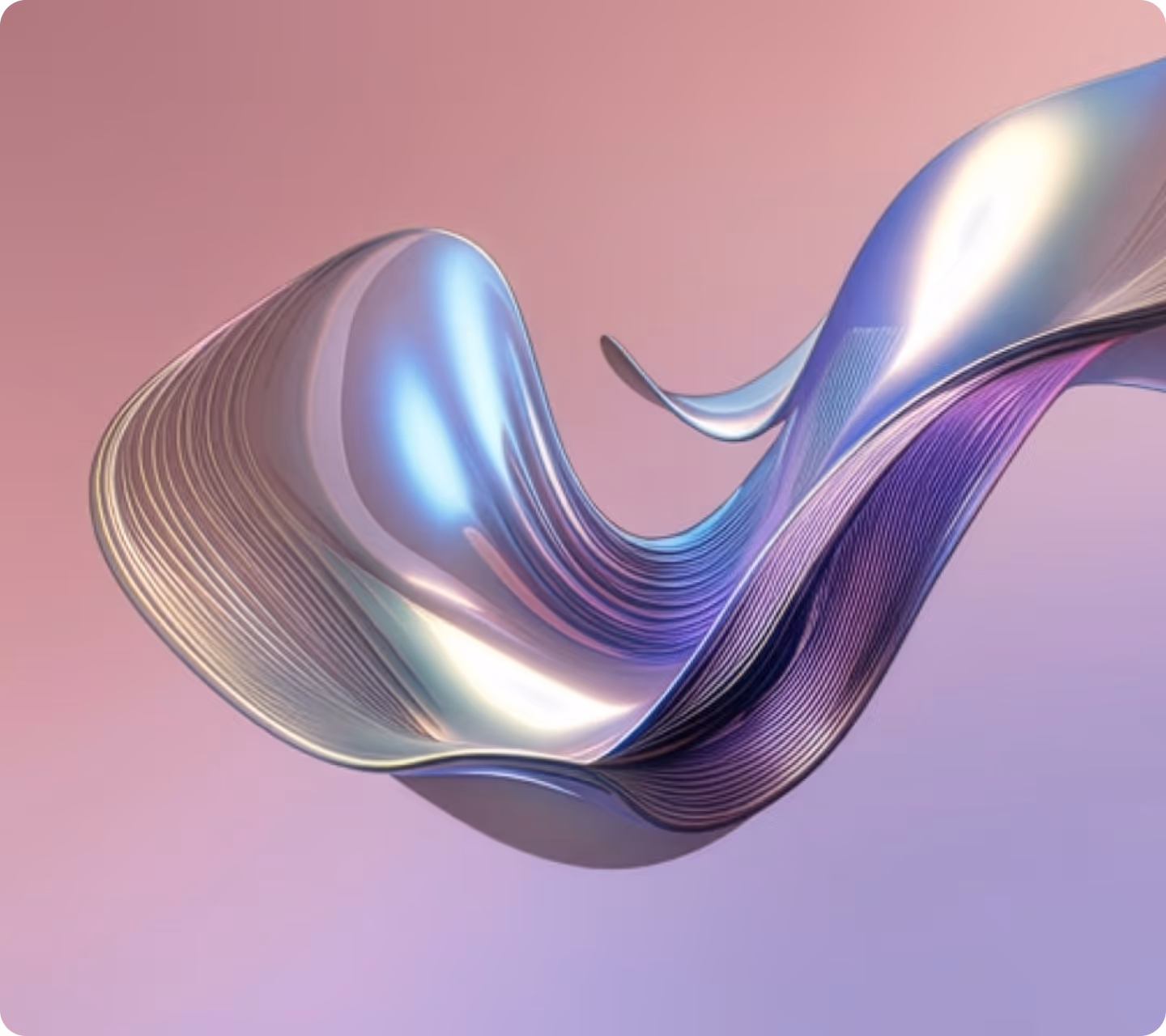Abstract shiny metallic ribbon with curved shapes over a gradient purple and pink background.