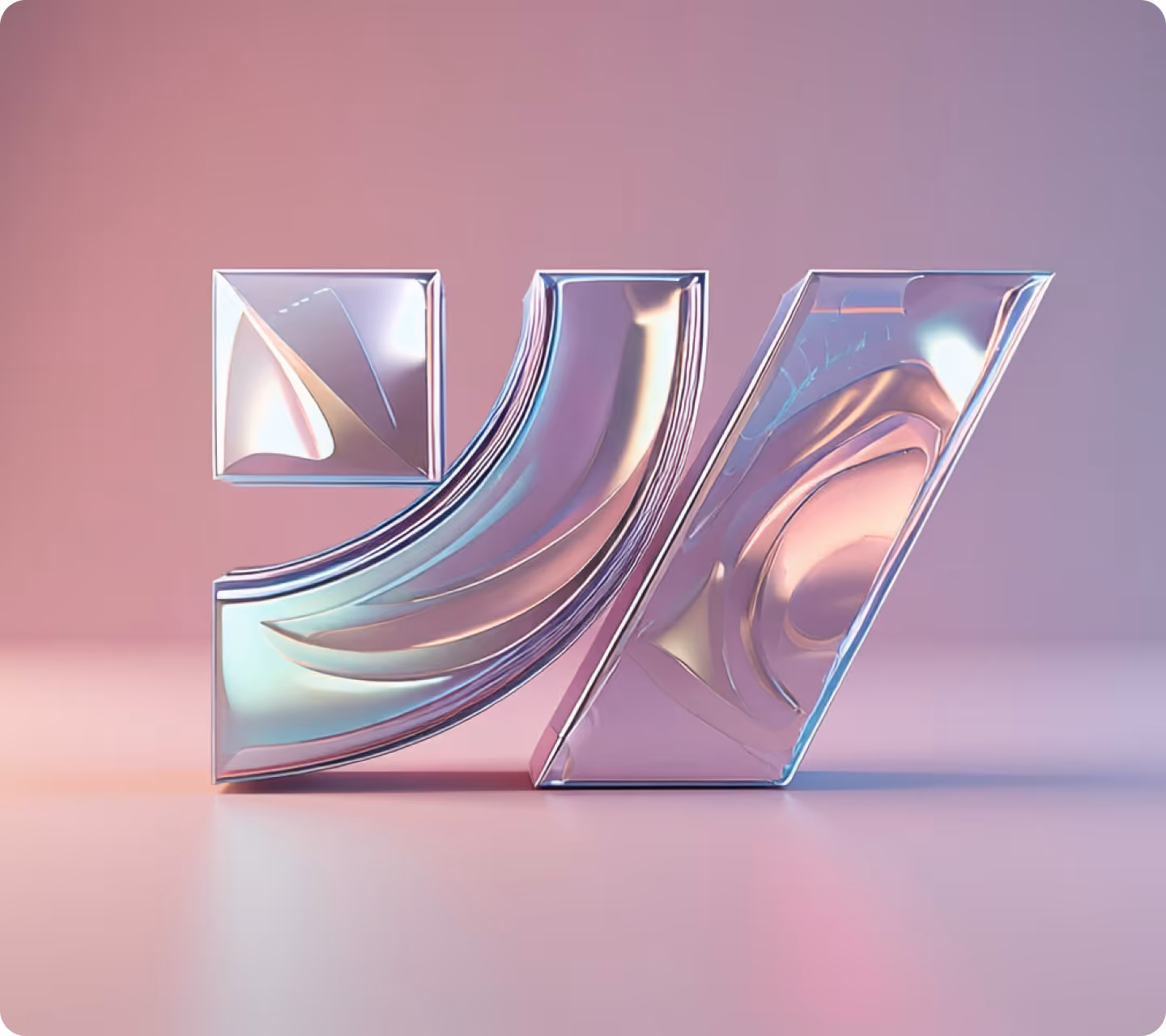 Shiny translucent glass-like 3D abstract shapes on a smooth pink and purple gradient surface.