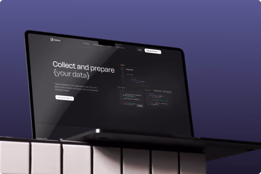 Laptop screen showing text 'Collect and prepare {your data}' with code snippets on a dark interface.