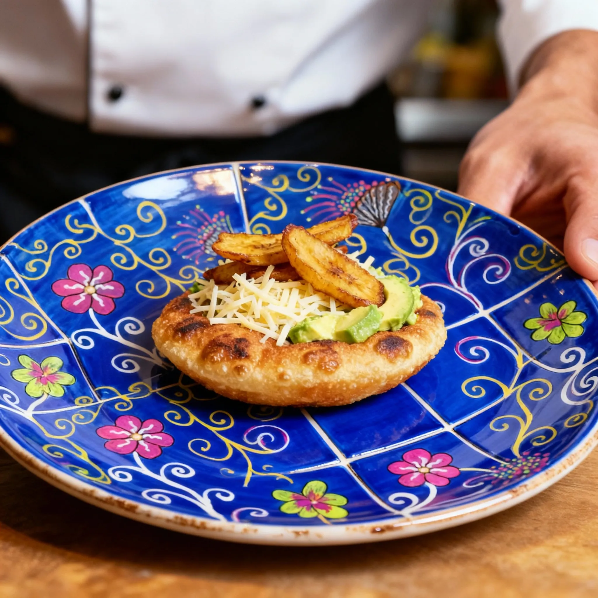 Plato Azul Artístico con un bowl de arepa con queso, aguacate y tajadas Fritas