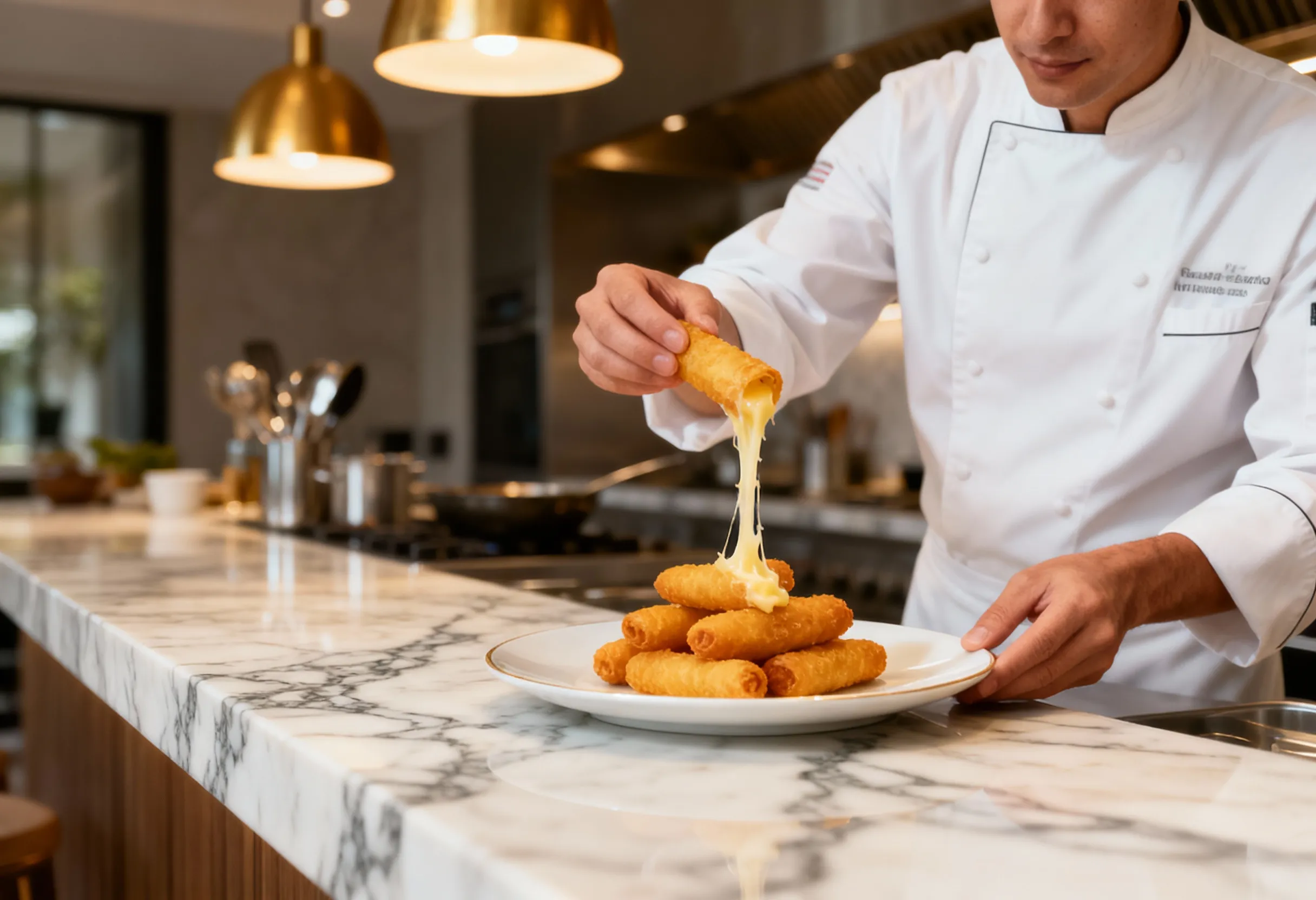 chef en cocina elegante levantando un tequeño venezolano