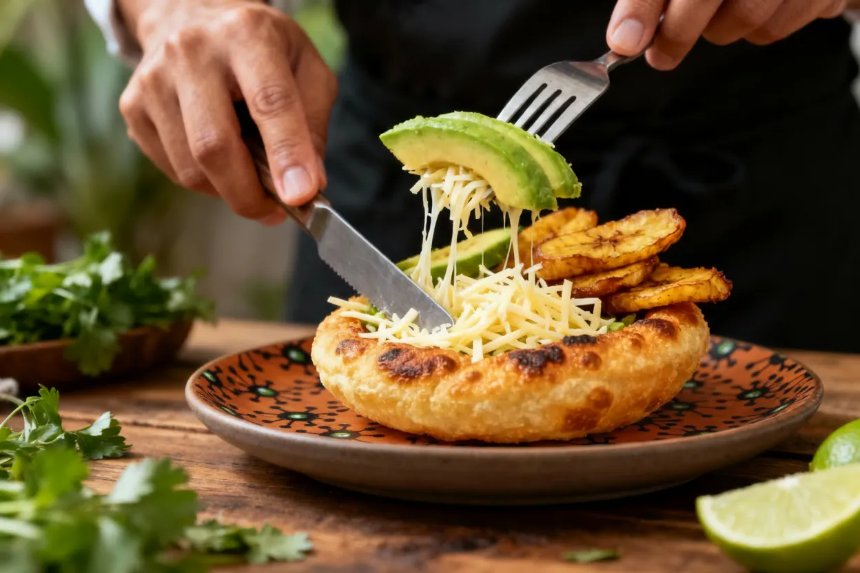 Bowl artesanal hecho con arepa, con queso, tajadas fritas y aguacate