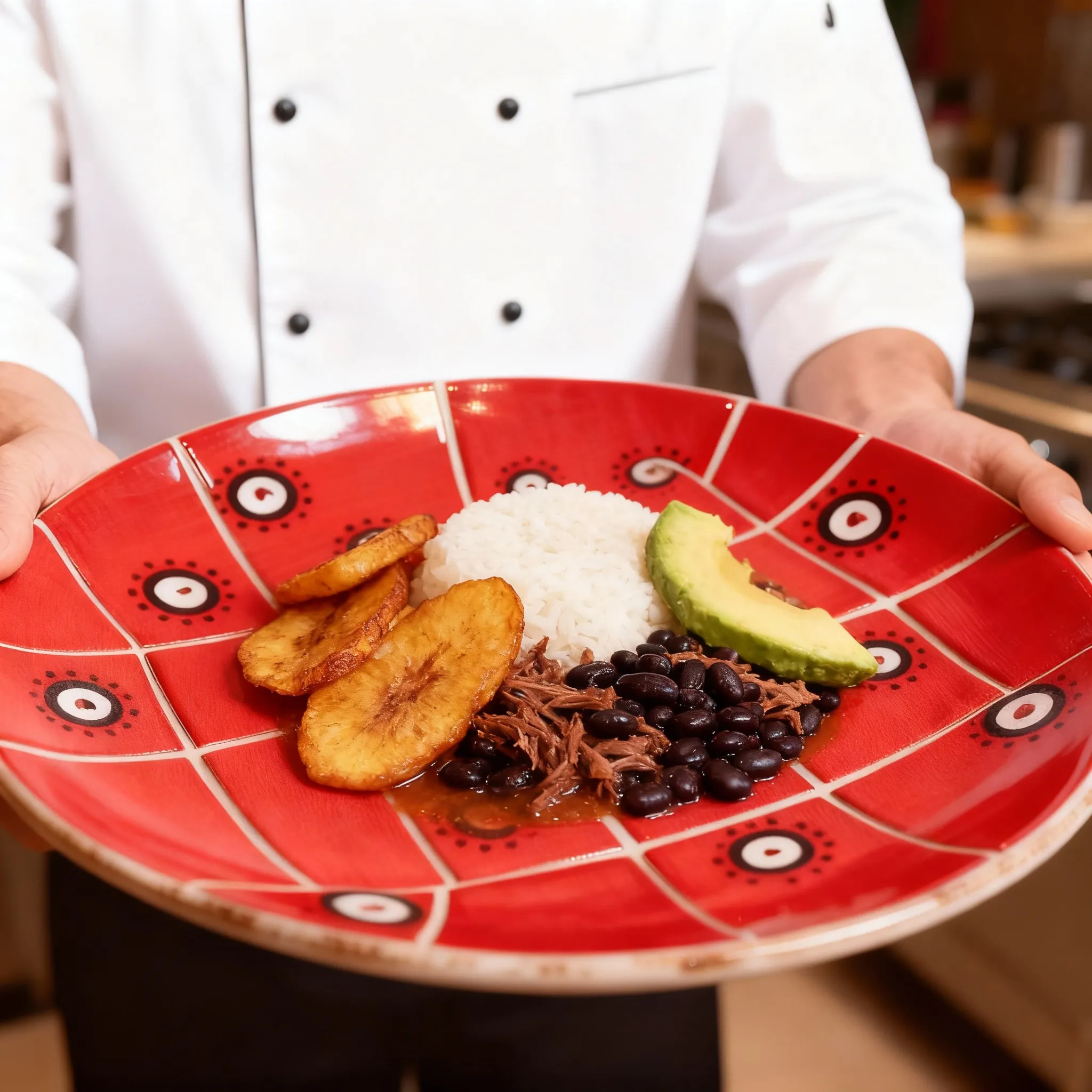 Plato rojo artístico con un pabellón criollo