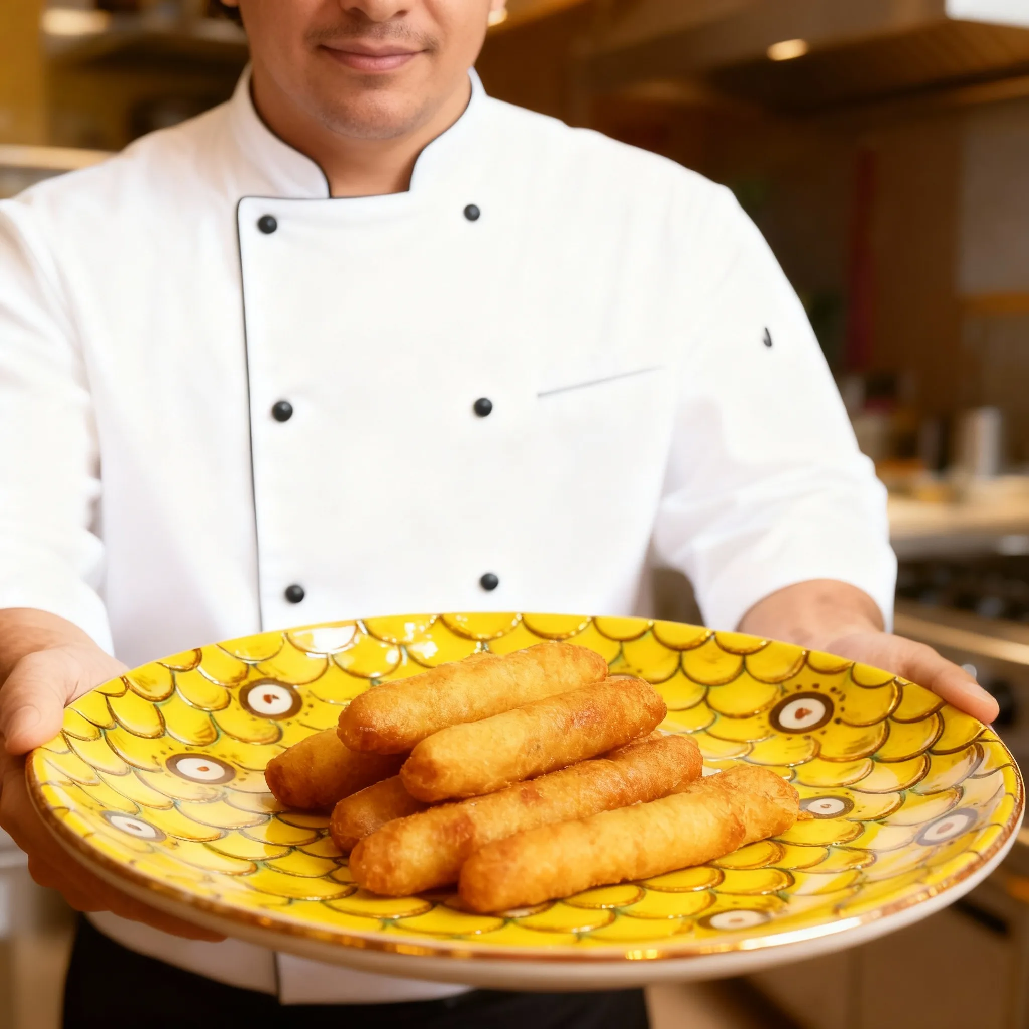 Plato amarillo artístico con unos tequeños venezolanos