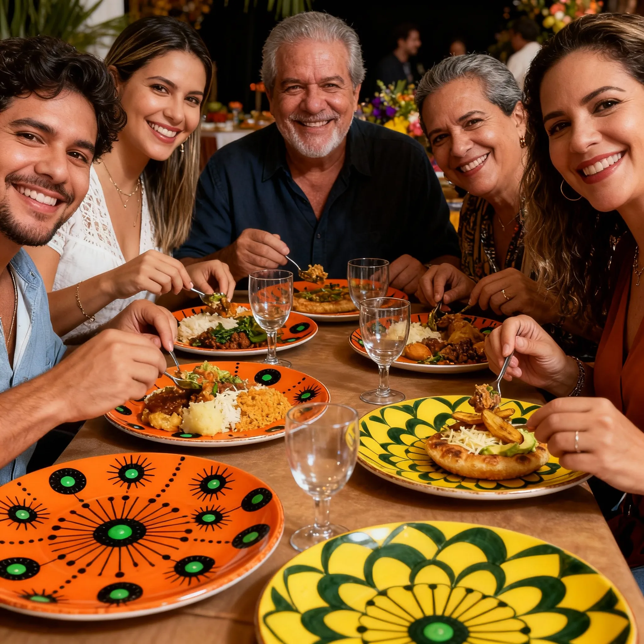 Familia feliz disfrutando del catering Venezolano