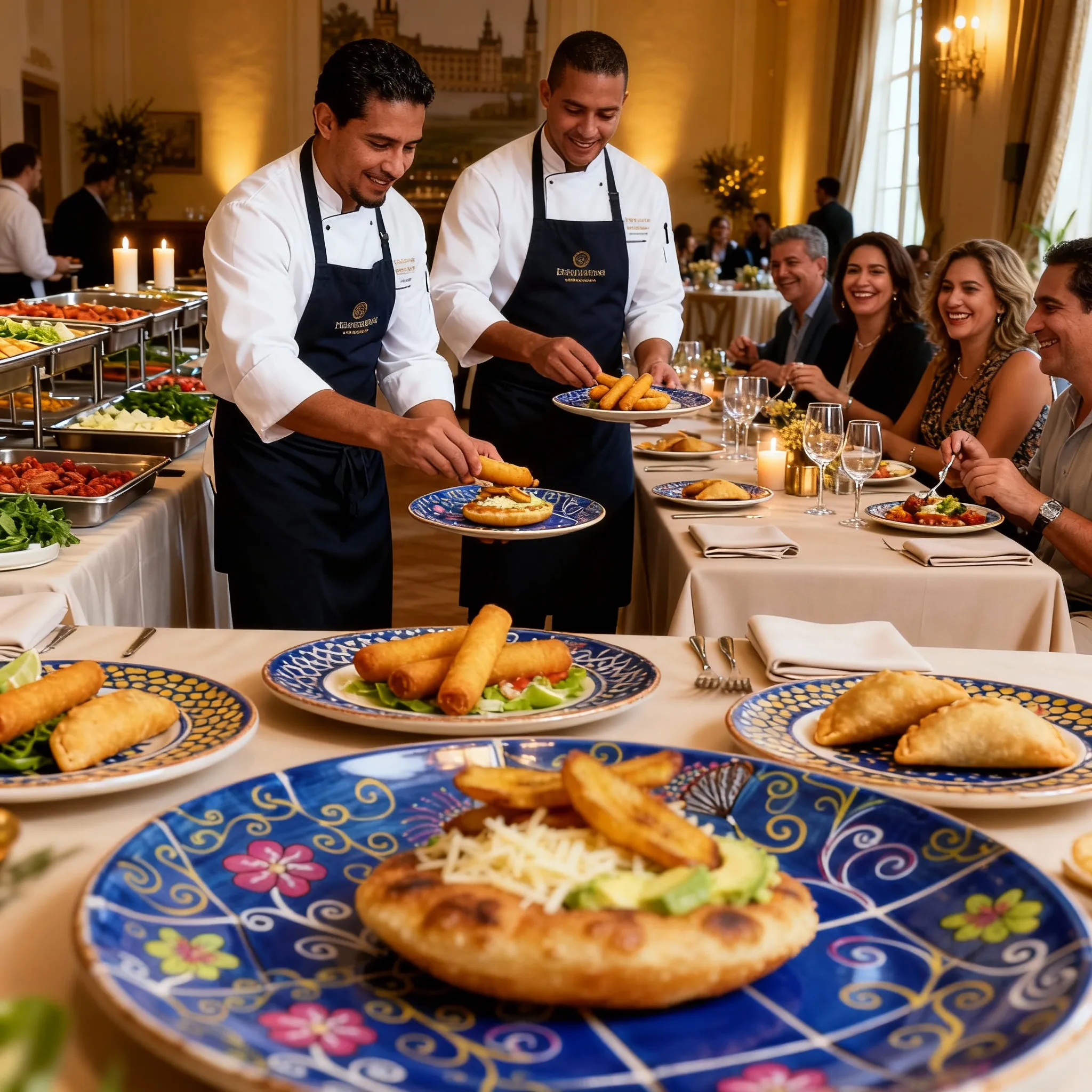 Mesa rodeada de clientes felices, disfrutando de la comida Venezolana
