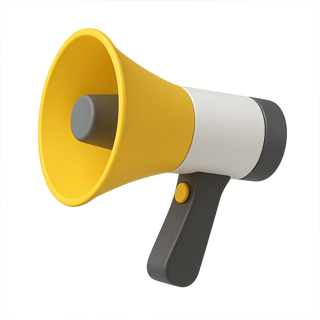 3D illustration of a yellow and white megaphone with a black handle and button.