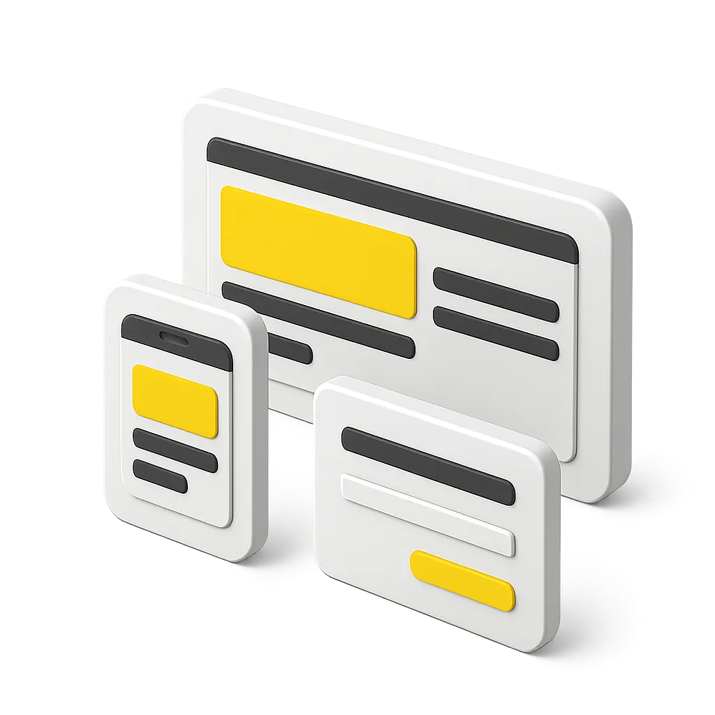 3D illustration of stylized desktop, tablet, and phone screens showing responsive web design with yellow and black elements on white backgrounds.