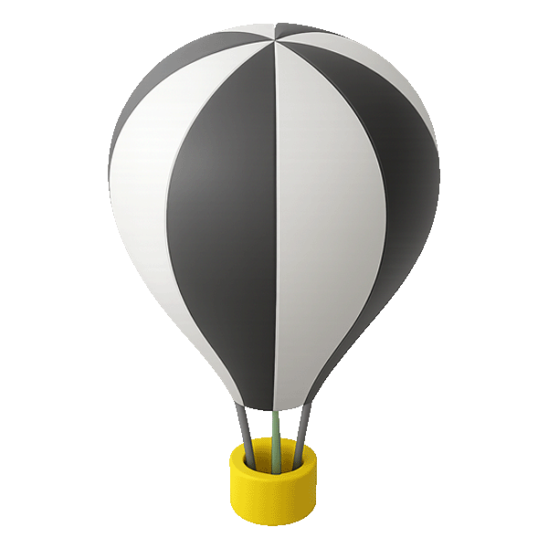 Schwarz-weiß gestreinter Heißluftballon mit gelbem Korb.