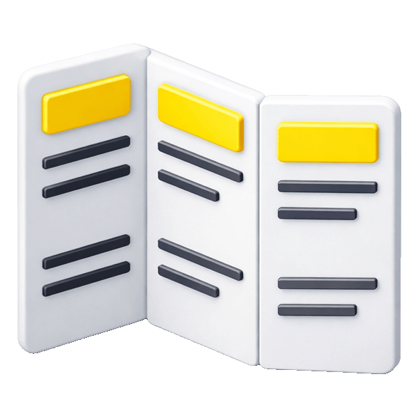 Dreifach gefalteter, symbolischer Prospekt mit gelben Überschriften und schwarzen Textzeilen.