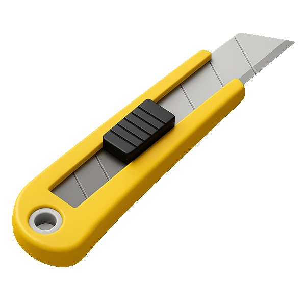 Gelbes Cuttermesser mit ausgefahrenem silbernem Klingenabschnitt und schwarzem Schieberegler.