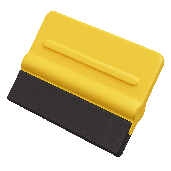 Yellow and black plastic scraper tool used for smoothing or scraping surfaces.