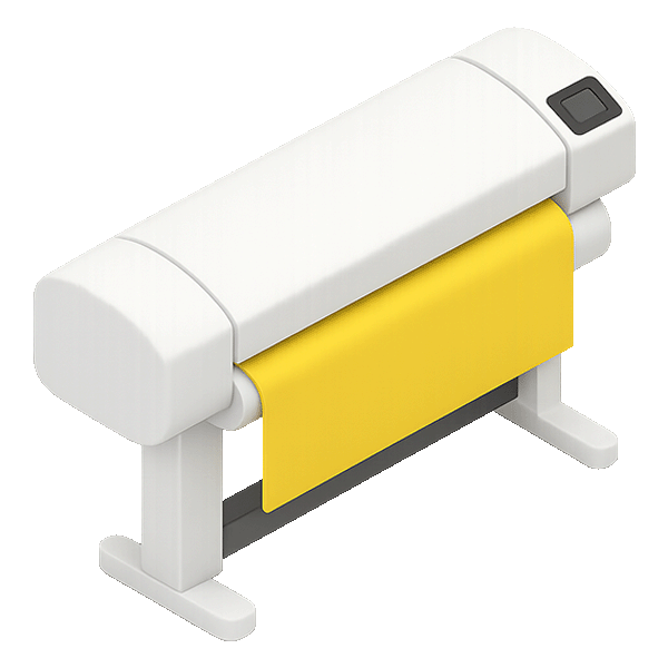 Isometric illustration of a white large-format printer with a yellow sheet emerging from it.