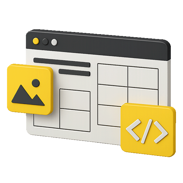 Stylized 3D icons representing responsive web design on desktop, tablet, and mobile devices.