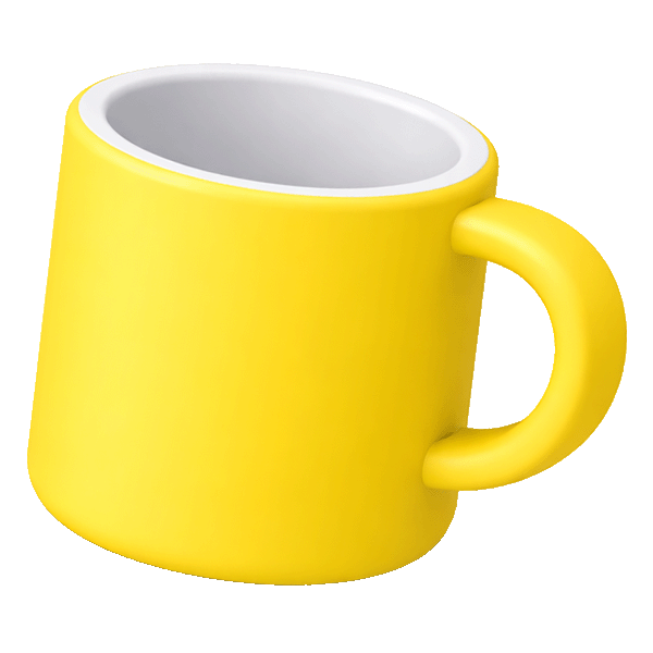 Gelbe Kaffeetasse mit weißem Inneren und großem Henkel vor weißem Hintergrund.