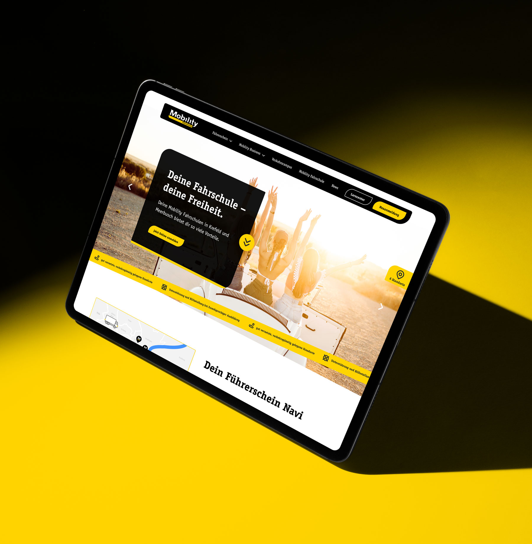 Black iPhone 14 Pro displaying a bright yellow mockup screen with text 'iPhone 14 Pro', a grid of small stars, and large number '03'.
