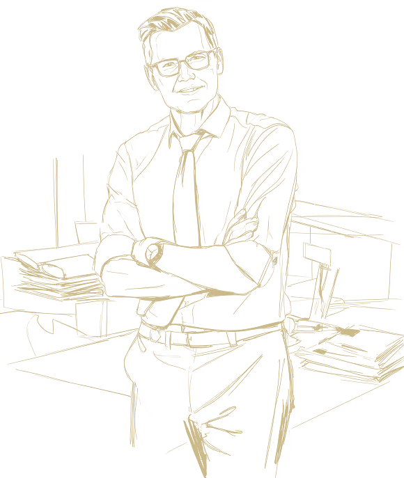 Illustration, Strichzeichnung eines Mannes mit Hemd und Krawatte, der an einem Schreibtisch mit Unterlagen und Ordnern sitzt.