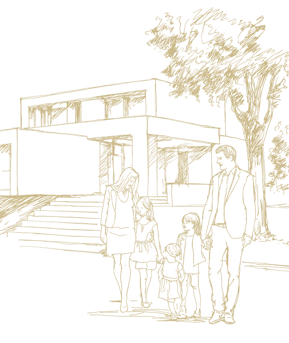 Illustration, Strichzeichnung einer Familie mit zwei Erwachsenen und zwei Kindern vor einem modernen, zweistöckigen Haus mit einer großen Eingangstreppe und einem Baum.