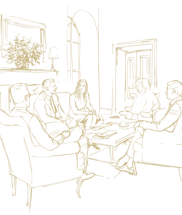 Illustration, Strichzeichnung von fünf Menschen, die in einem Wohnzimmer sitzen und sich unterhalten.