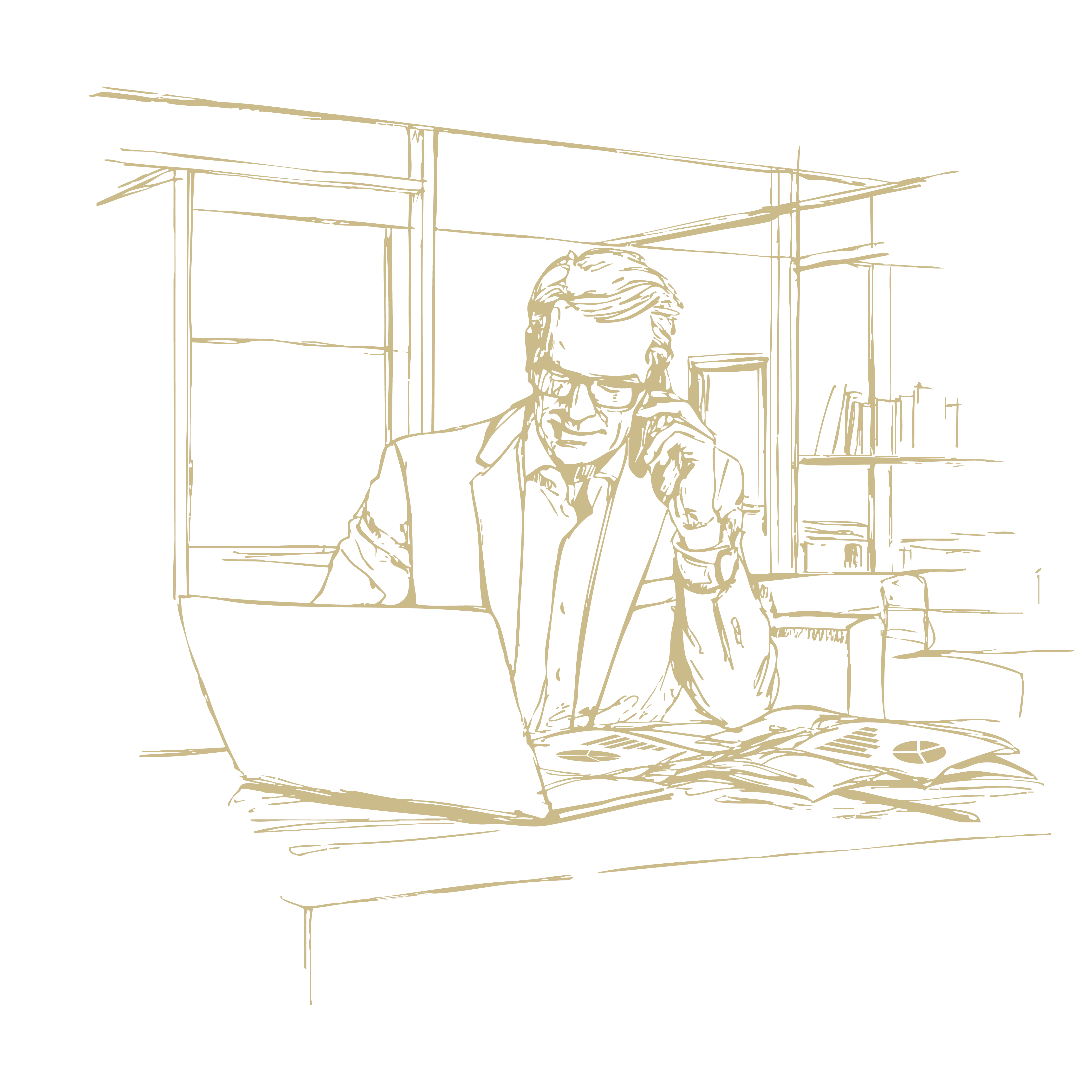 Illustration, Strichzeichnung in Gold von einem Geschäftsmann am Schreibtisch mit einem Stier im Hintergrund, Symbol für Finanzmarkt und Börse.