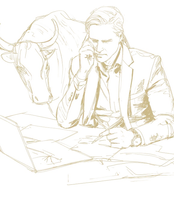 Illustration, Strichzeichnung in Gold von einem Geschäftsmann am Schreibtisch mit einem Stier im Hintergrund, Symbol für Finanzmarkt und Börse.