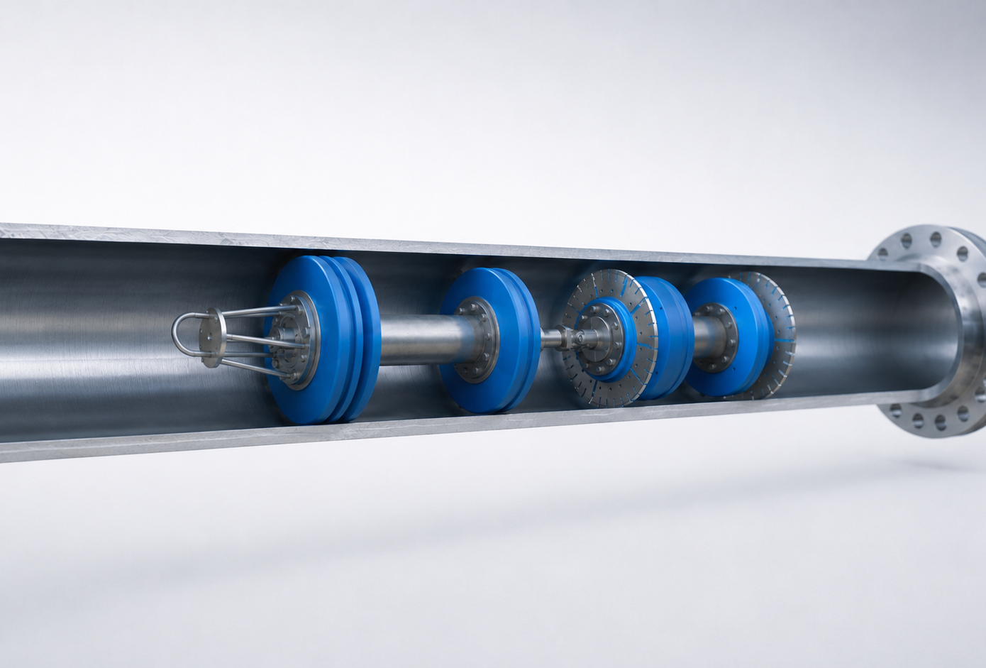 PIPECARE pipeline cleaning tool with brushes and sealing discs