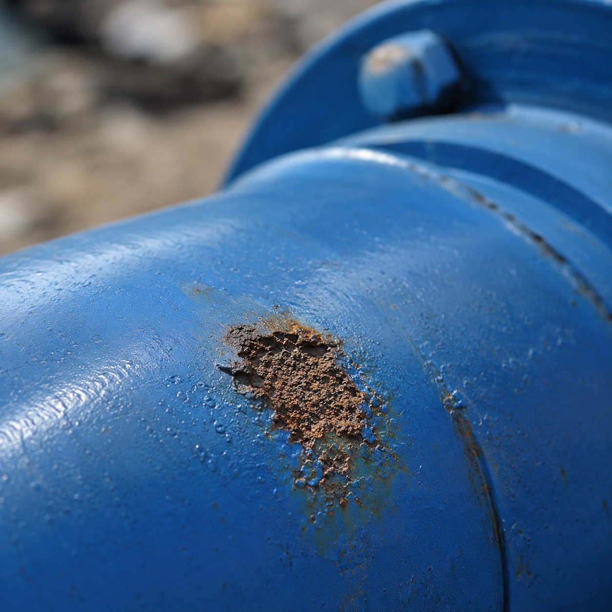 External corrosion and coating damage on a blue steel water pipeline surface
