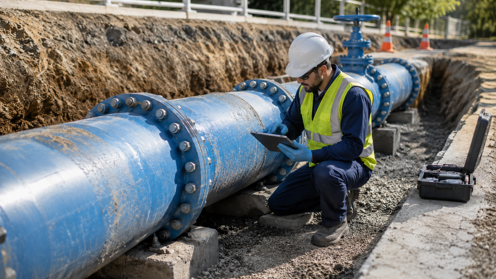 Engineer performing a condition assessment survey on a water pipeline in a trench
