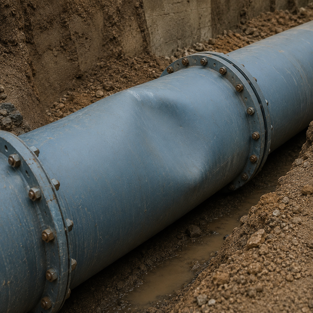 Dented pipeline section showing mechanical damage in an excavated trench