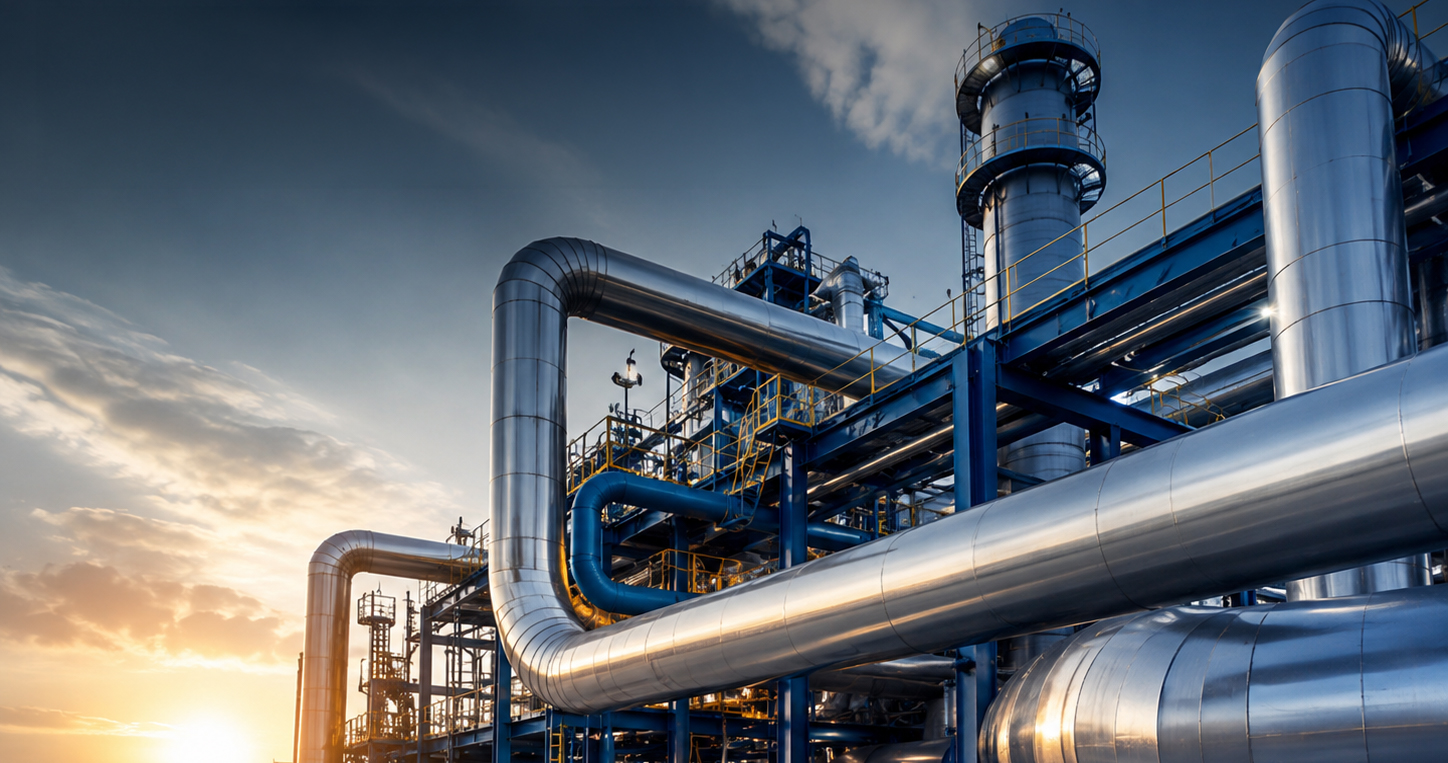 Oil and gas refinery piping and processing units at dusk
