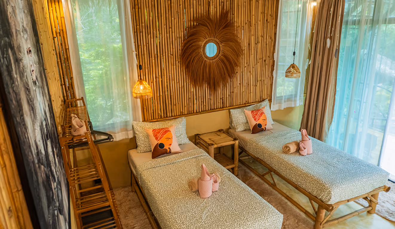 Art Room with two single beds, bamboo walls, and decorative pillows