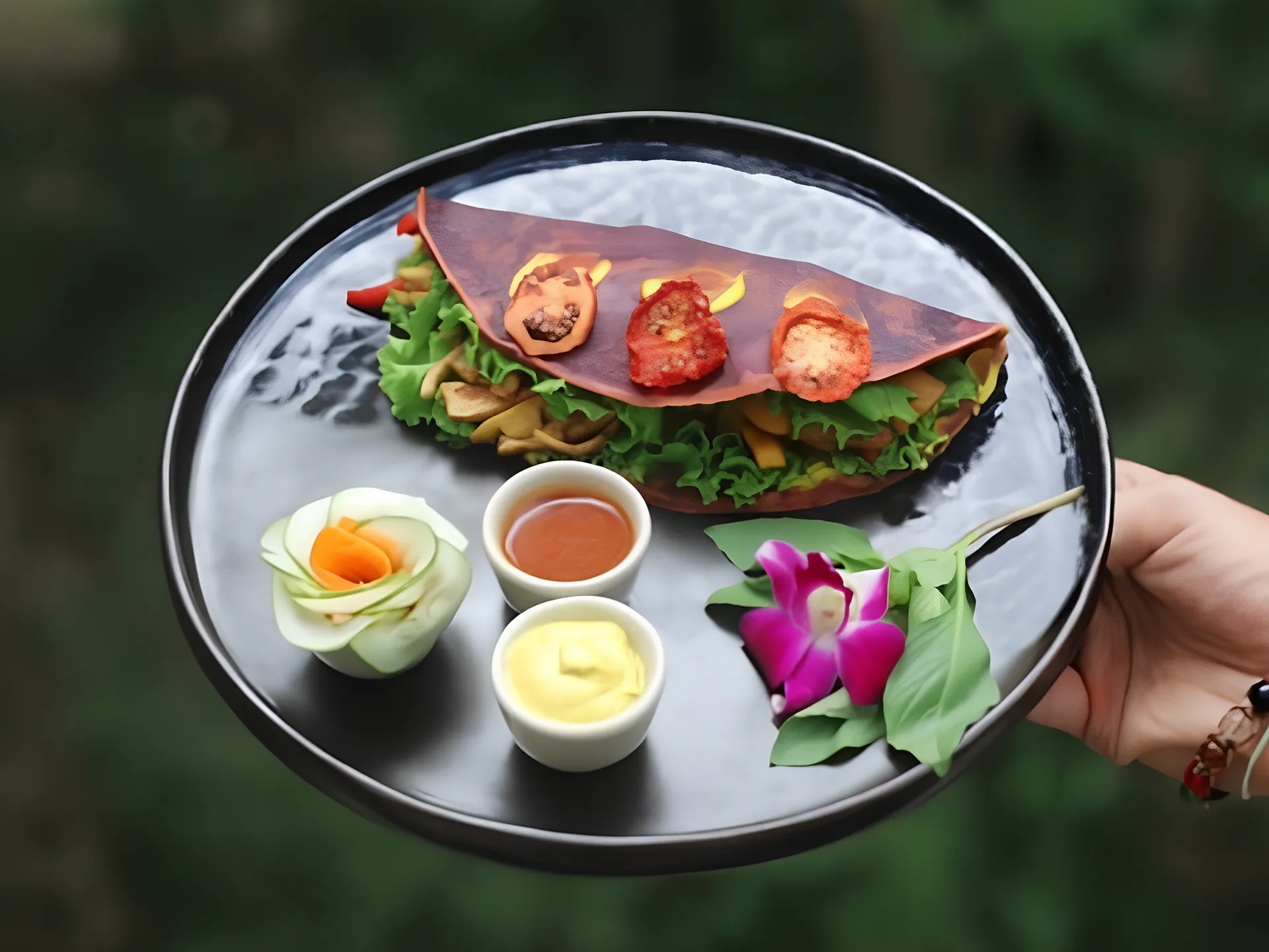 Artfully plated vegan raw food dish with fresh vegetables and sauces