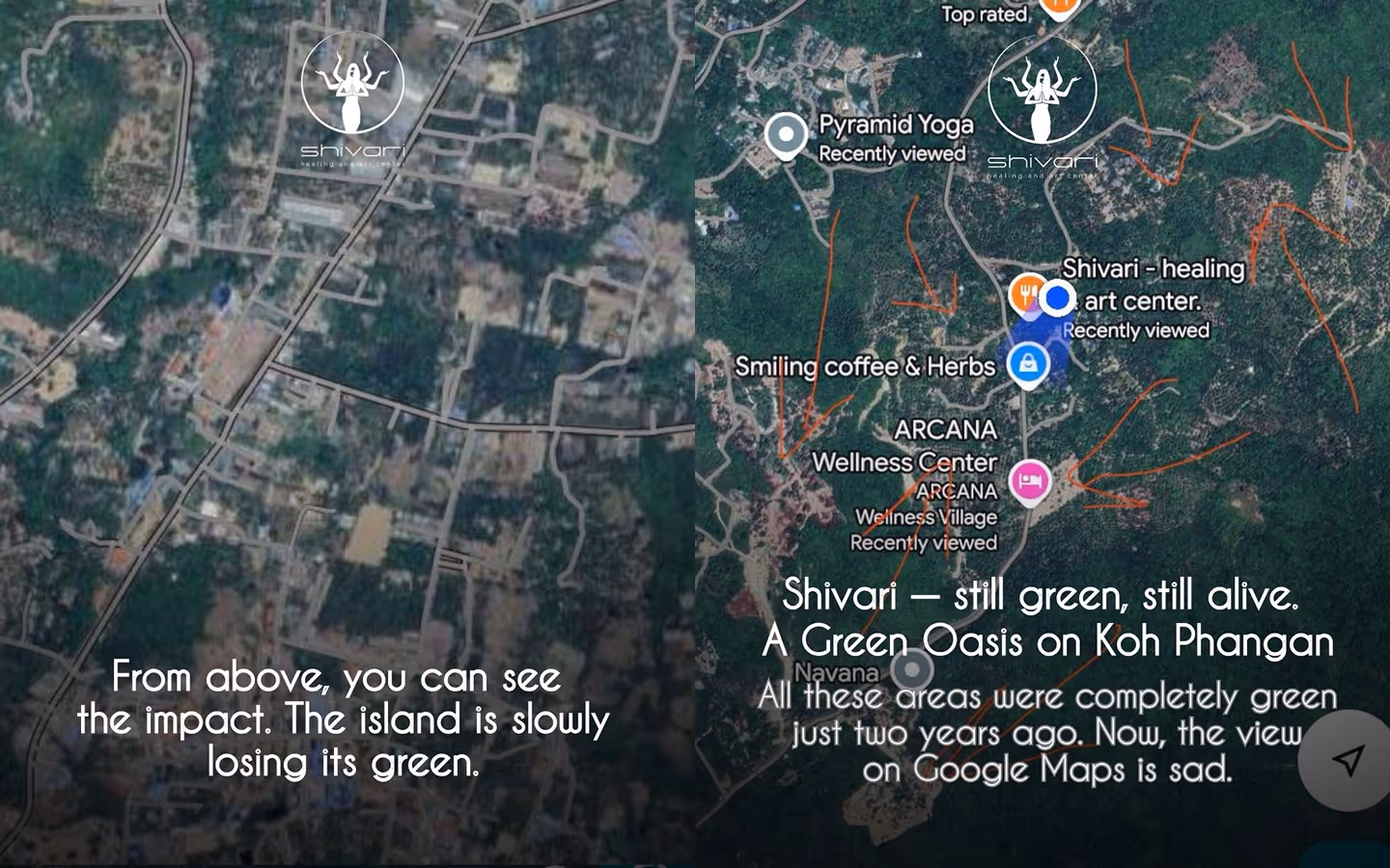 Aerial view of Koh Phangan showing deforestation around Shivari — still green while surrounding jungle is cleared